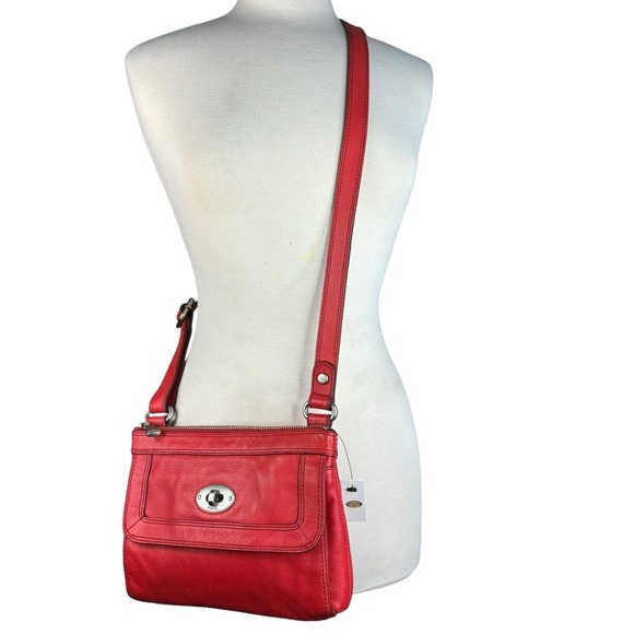 New Authentic Fossil Crossbody Tomato Color Leather Handbag Top Zip -Marlow Read - Picture 15 of 16